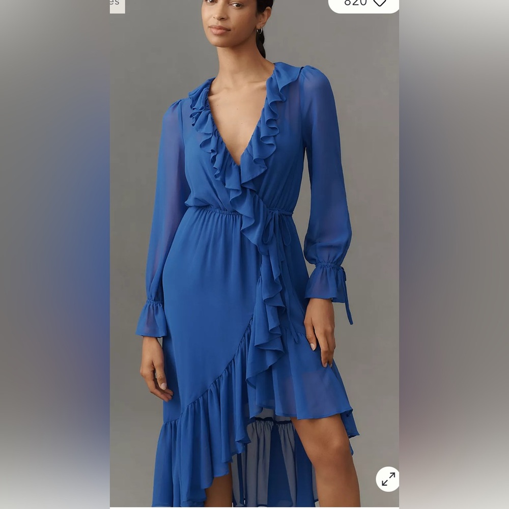 By Anthropologie Ruffled Asymmetric Midi Dress Blue Long‎ Sleeve Small NEW